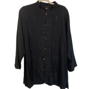 Vintage Womens M Asian Inspired Black Embroidered Button Front Tunic Whimsigoth